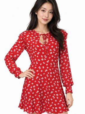 Forever 21 Women’s Red & White Floral Long-Sleeve Dress Size L — New With Tags